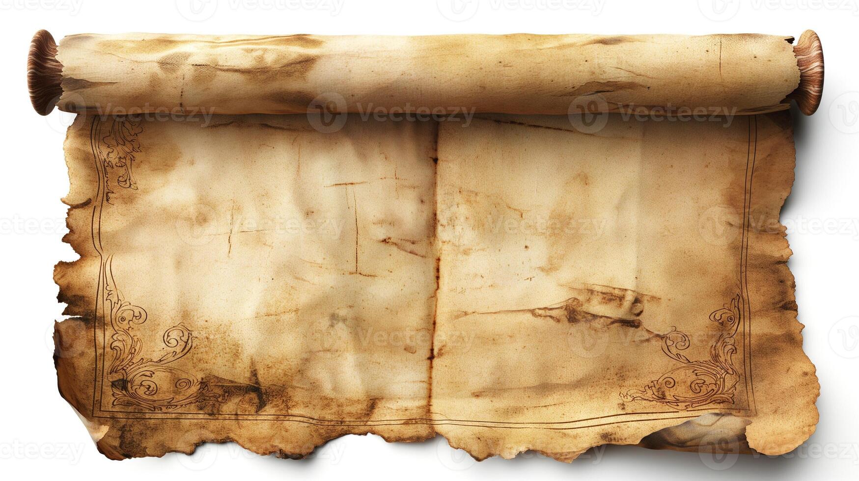 An aged, partially unrolled parchment with intricate borders and a vintage feel. photo