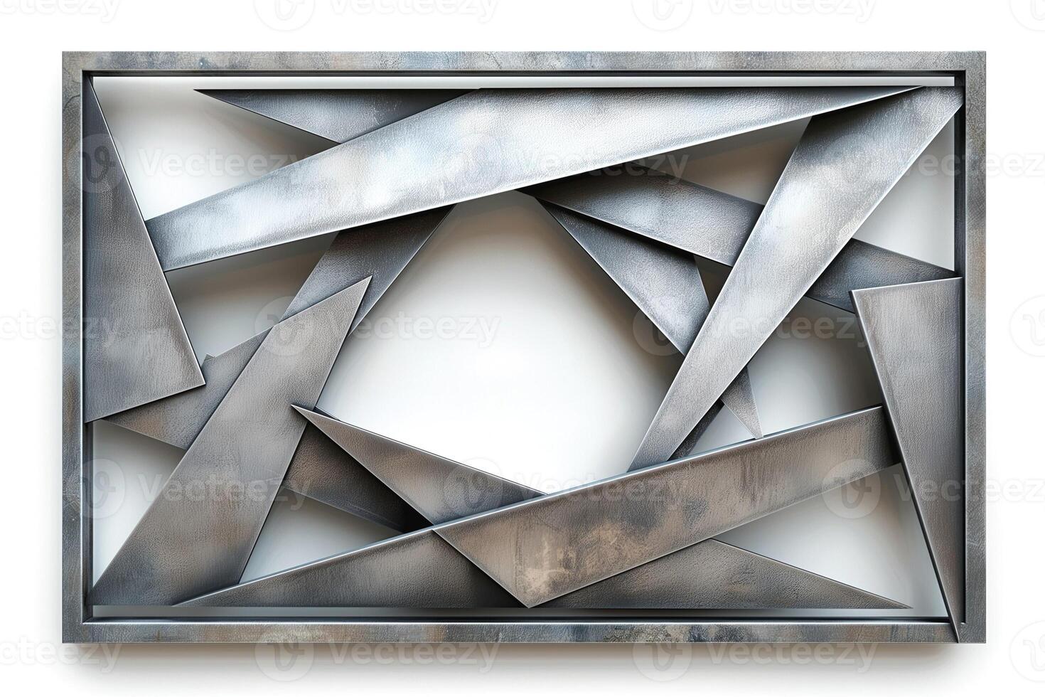 An abstract metallic artwork featuring intersecting geometric shapes in shades of silver and gray. photo