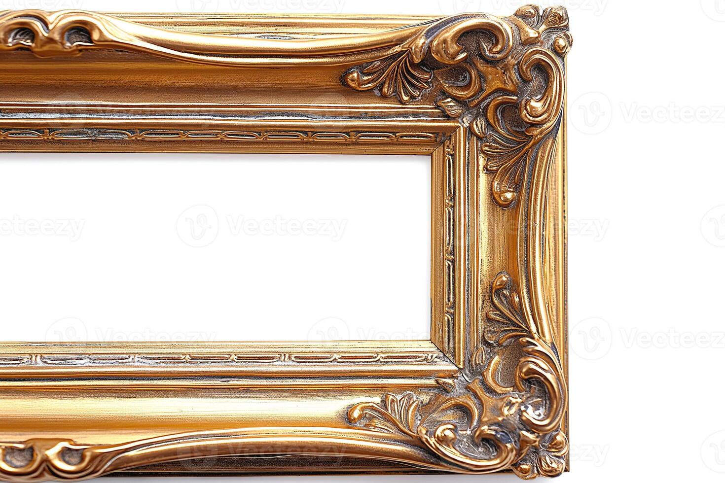 Intricate antique gold picture frame detailed with elegant floral patterns and classic design. photo