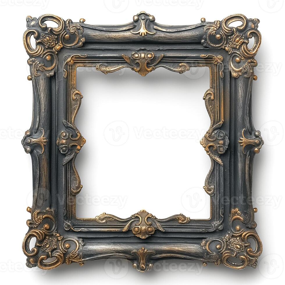 An ornate vintage frame with intricate carvings in dark and gold tones, exuding elegance and charm. photo