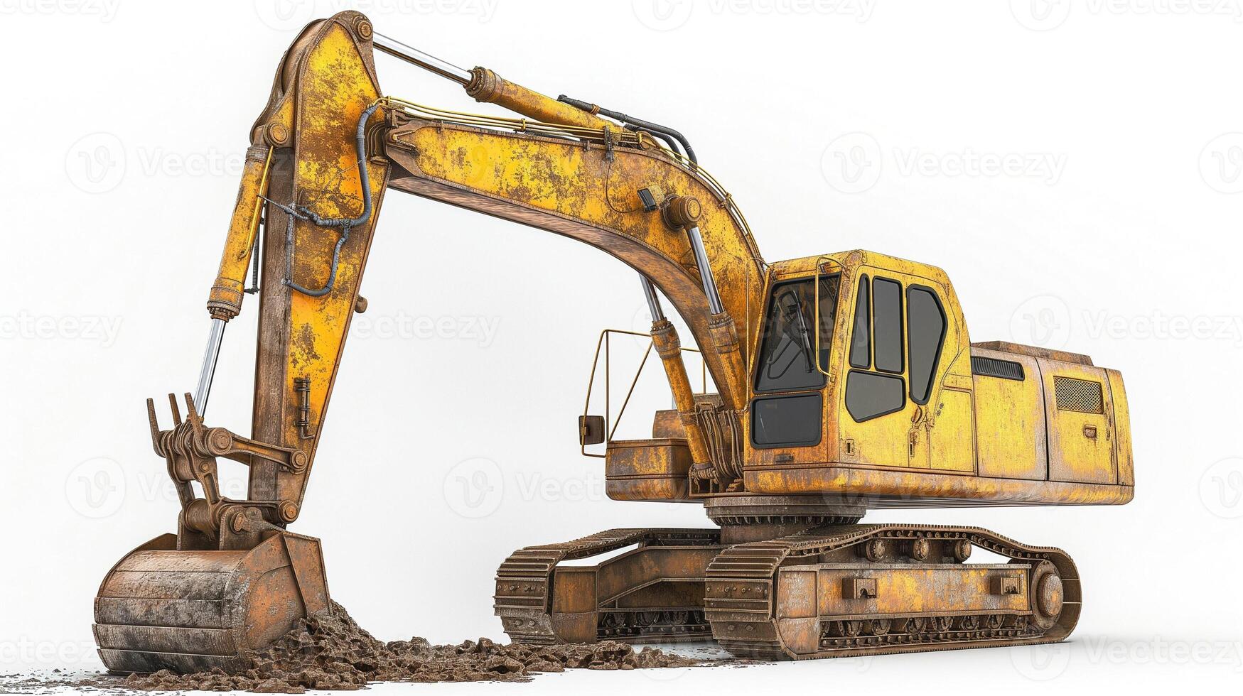 An aged yellow excavator stands ready for construction work, showcasing its robust build and worn-out features. photo