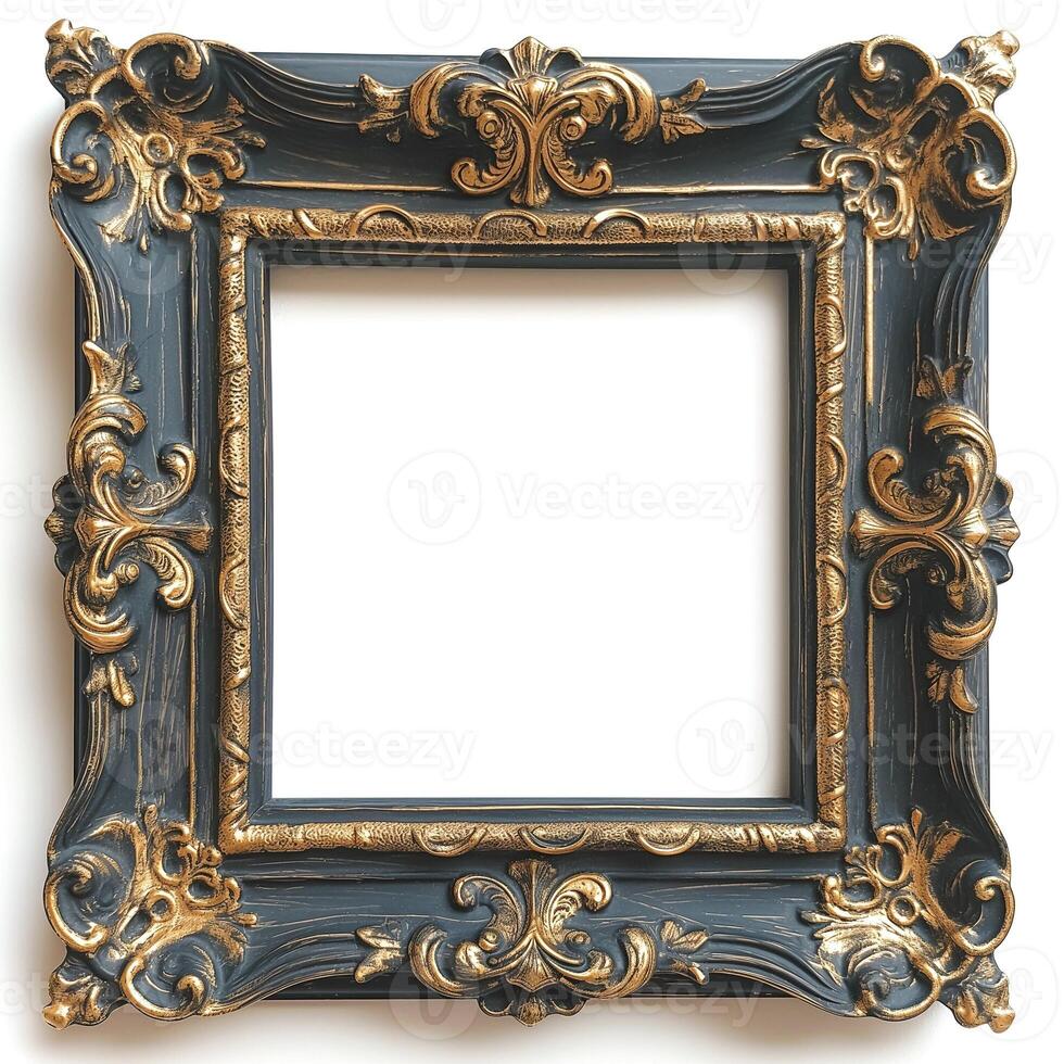 Elegant ornate picture frame, featuring intricate gold detailing against a dark background. photo