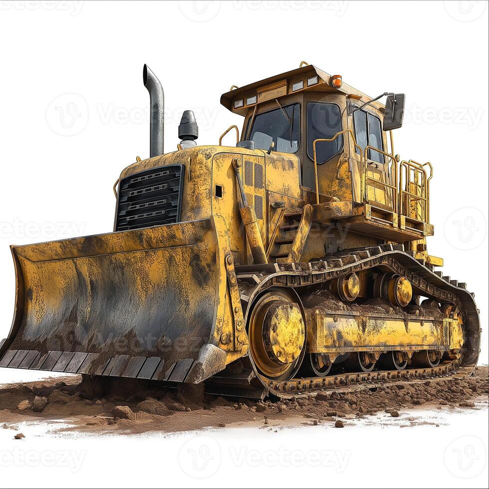 An industrial bulldozer in bright yellow, designed for heavy-duty earthmoving tasks, parked on a construction site with a rugged appearance. photo