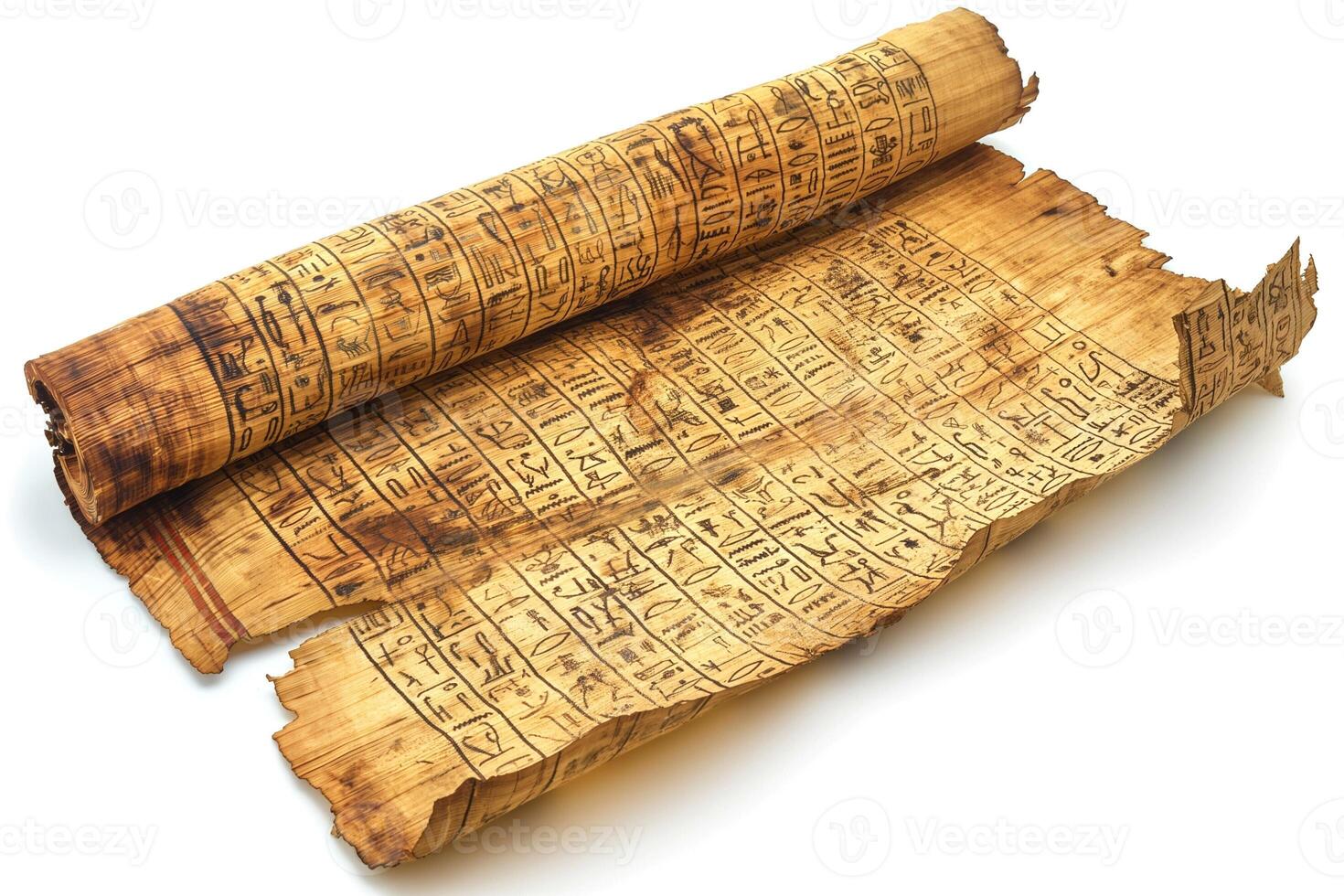 Ancient papyrus scroll with intricate hieroglyphics and aged parchment, showcasing the beauty of historical documentation. photo