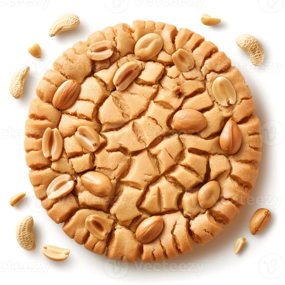 A delicious peanut butter cookie topped with roasted peanuts, showcasing a golden-brown, textured surface. photo