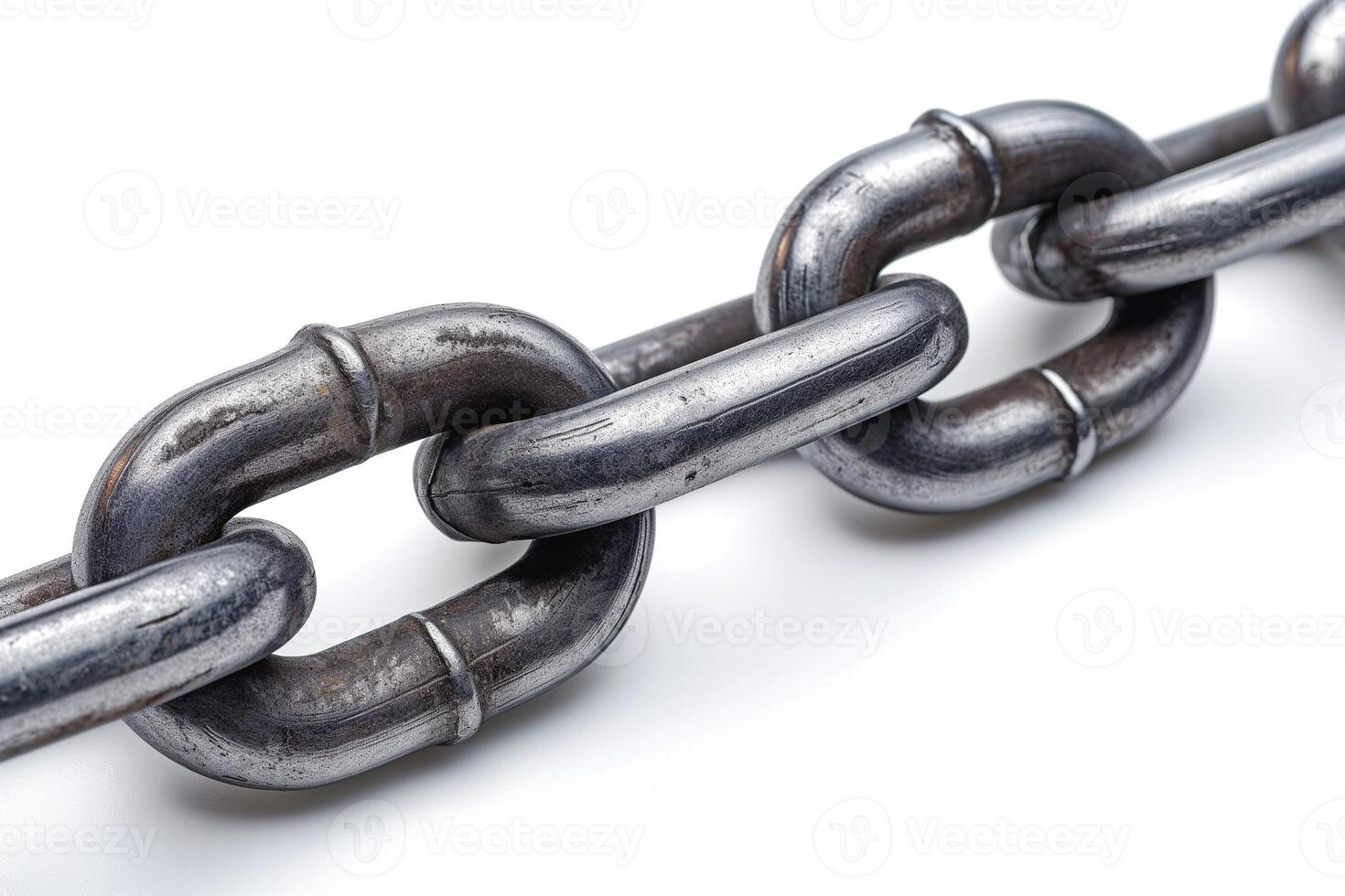 A close-up of a heavy metal chain link, showcasing its robust structure and glossy finish against a white background. photo