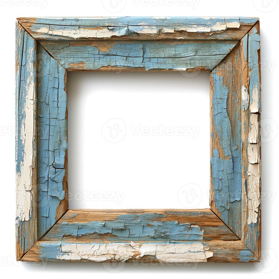 A rustic, weathered wooden frame with blue and white peeling paint, perfect for showcasing art or photos. photo