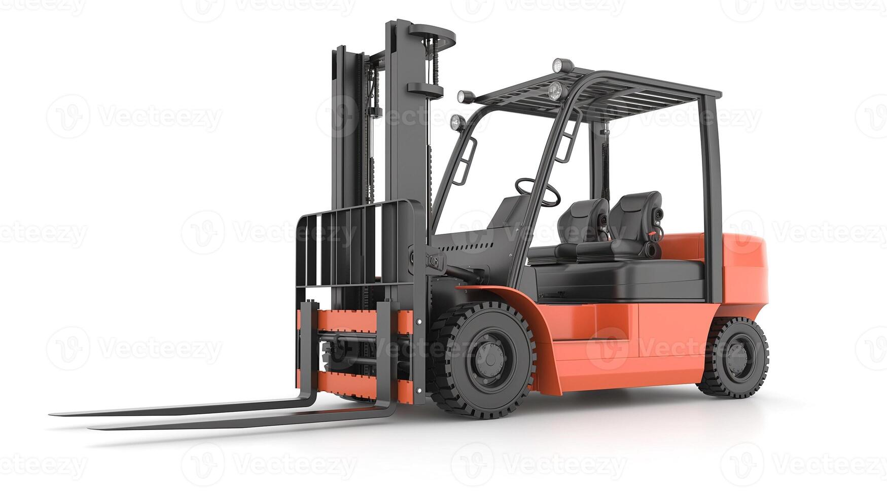 A front view of a modern industrial forklift in a bright setting. photo