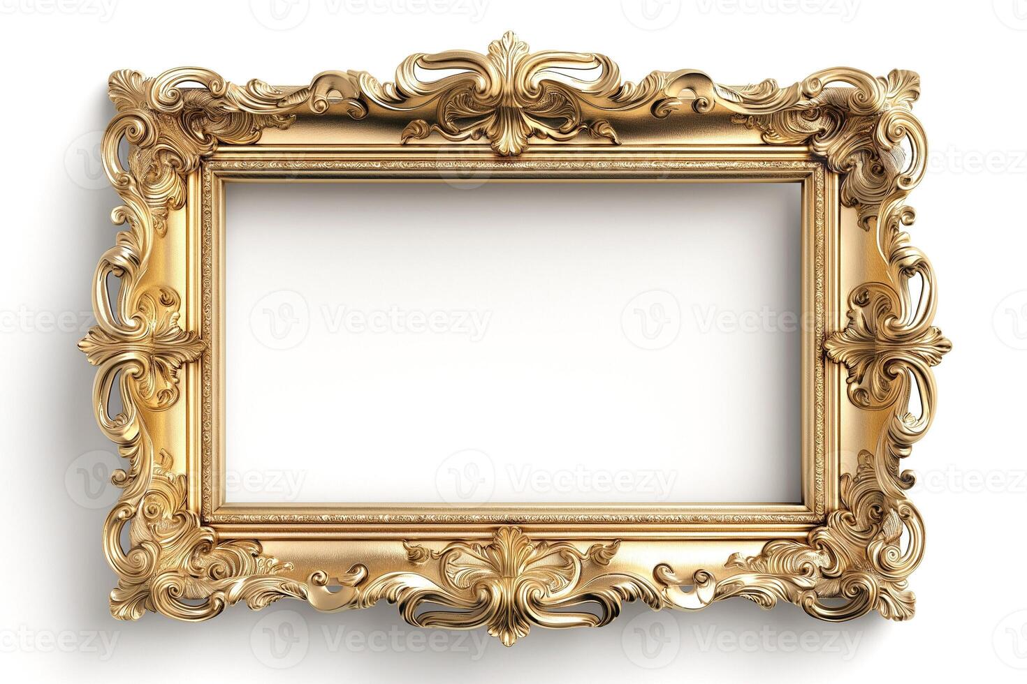 An ornate golden picture frame showcasing intricate designs and curves. photo