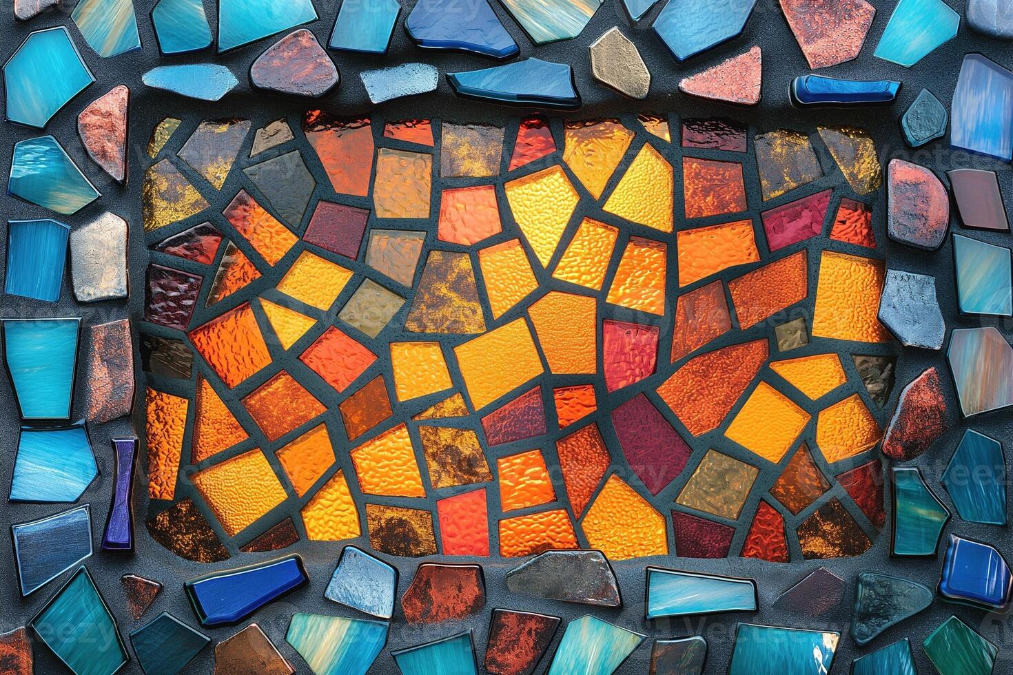 Colorful mosaic artwork showcases vibrant pieces in various shapes and textures, creating a stunning visual display. photo
