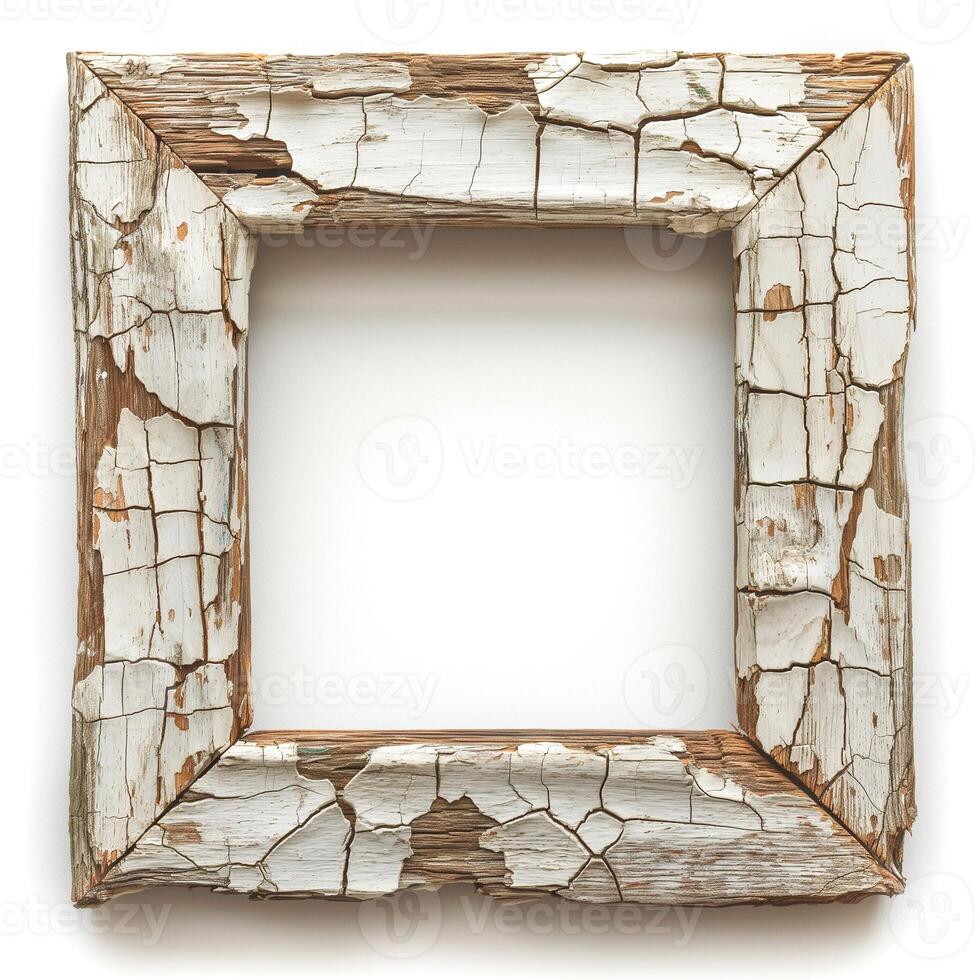 A rustic, weathered wooden picture frame with peeling white paint, perfect for displaying art or photography. photo