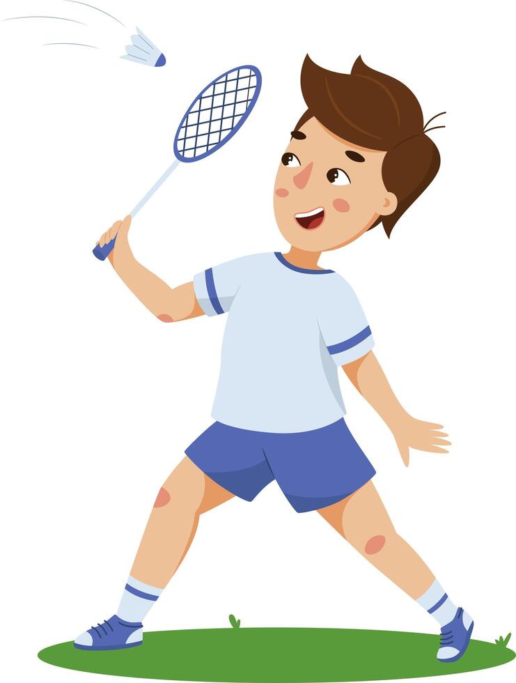 Boy playing badminton with racket vector
