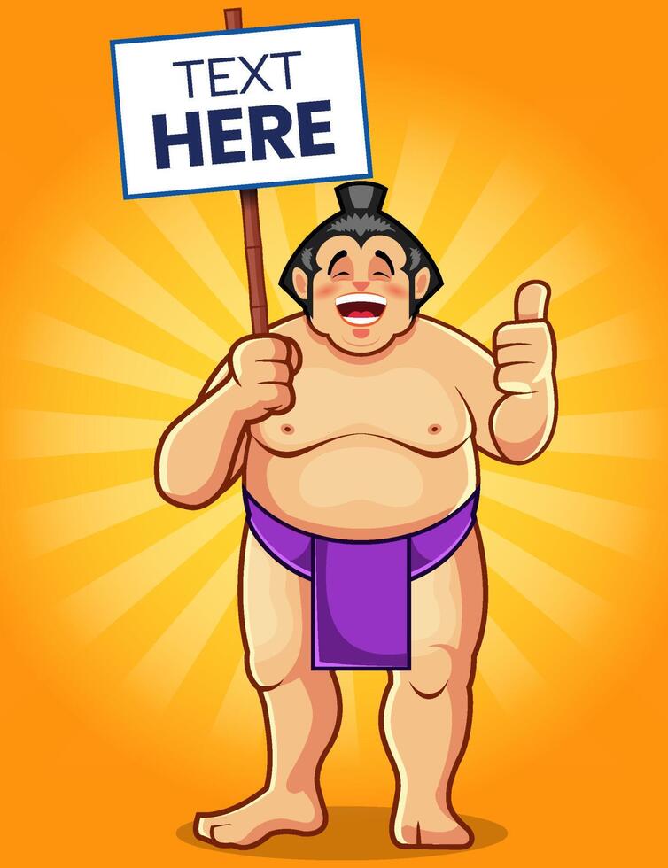 Cheerful sumo wrestler with a sign vector
