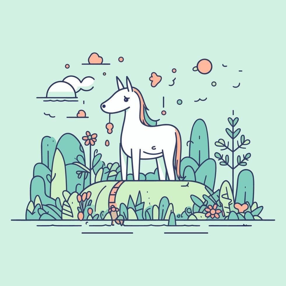 Unicorn illustration in a colorful landscape vector