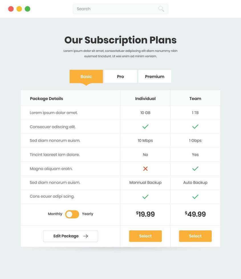 Subscription plans comparison table vector