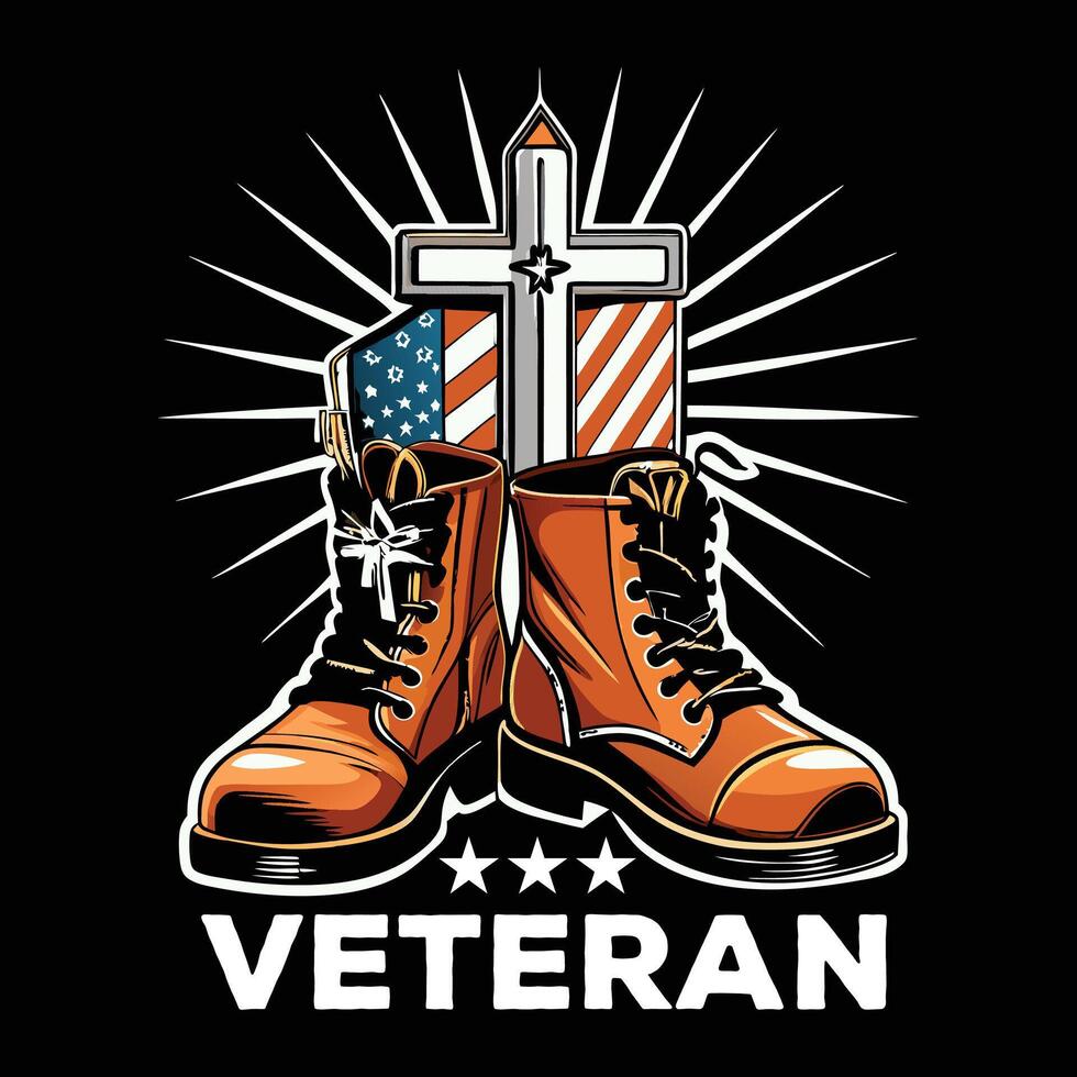 veteran t-shirt with boots and cross vector