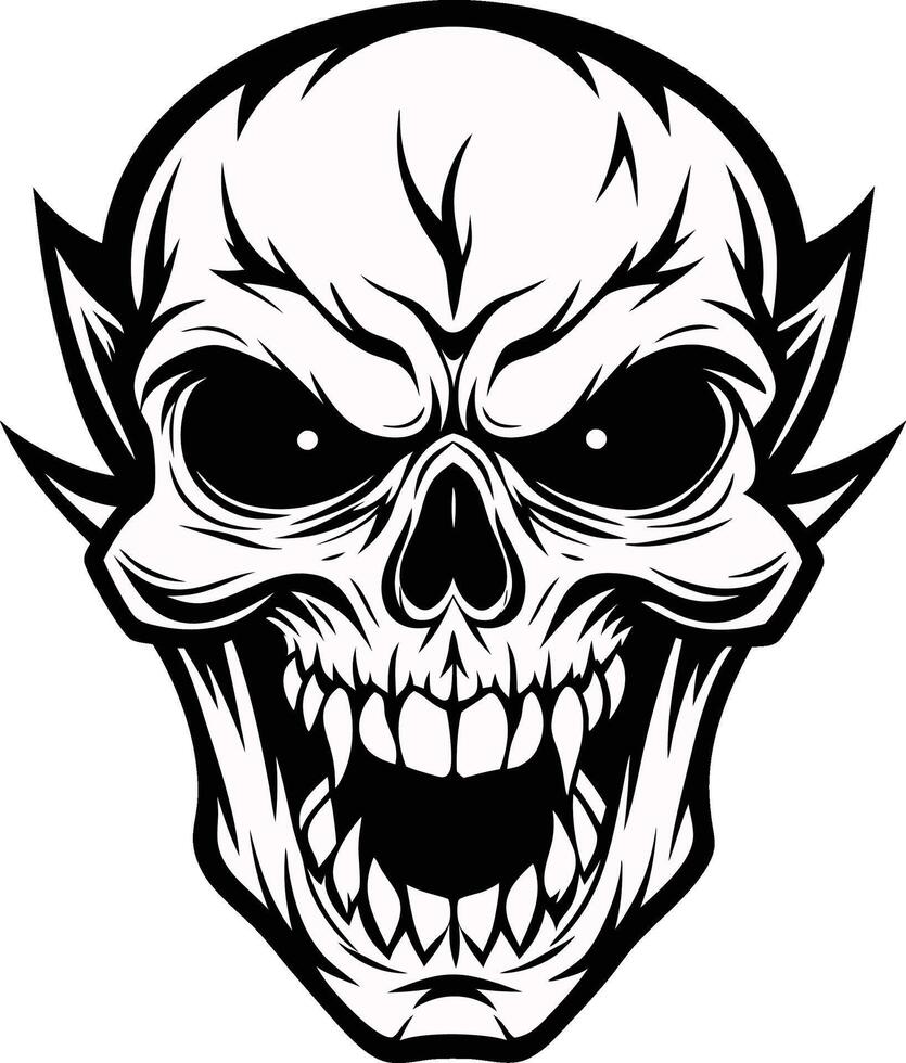 a black and white drawing of a skull with fangs vector