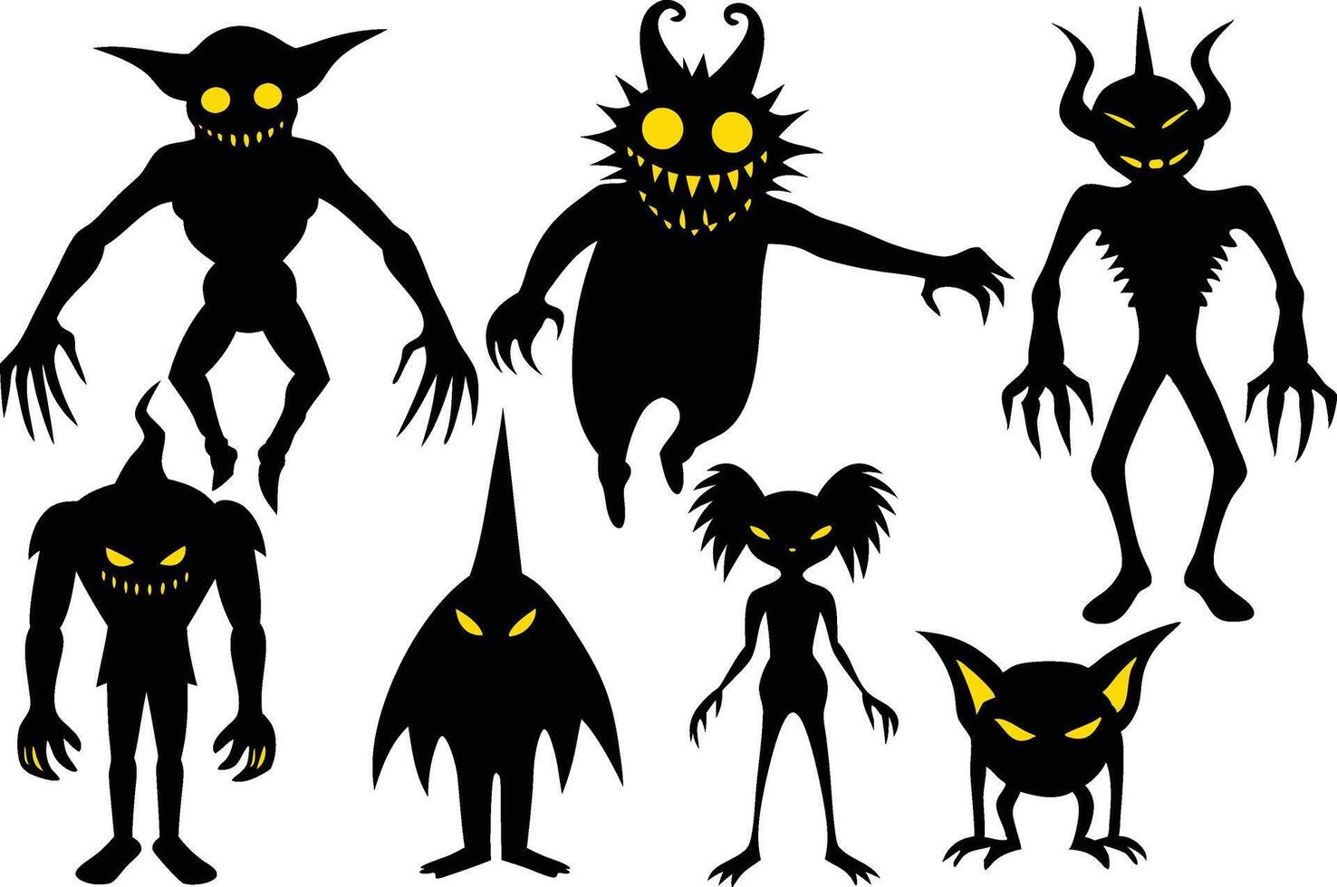 a collection of creepy monsters with yellow eyes vector