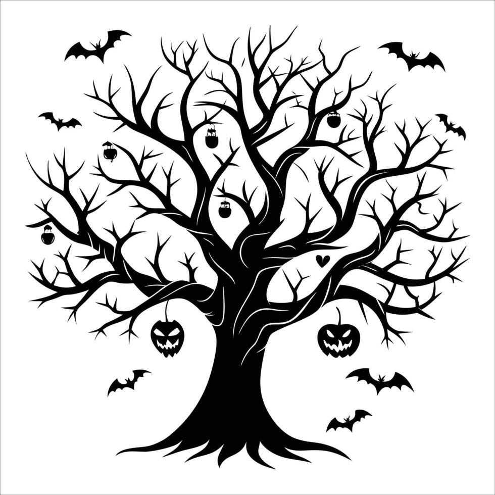halloween tree with pumpkins and bats design vector
