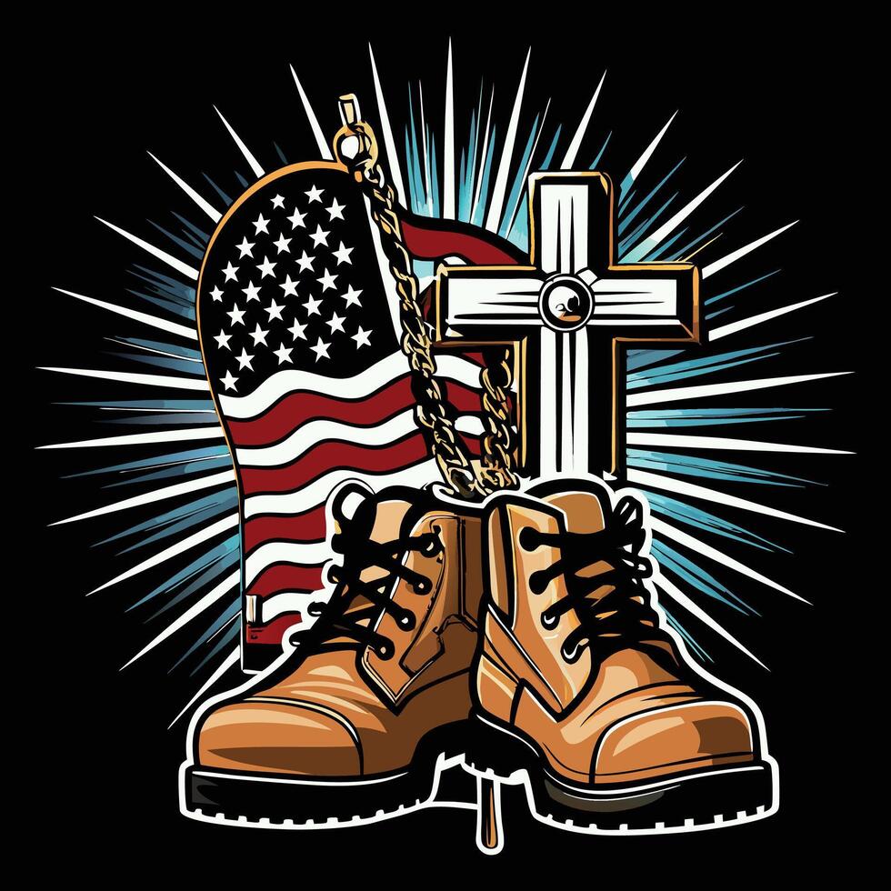 the american flag and boots with a cross vector