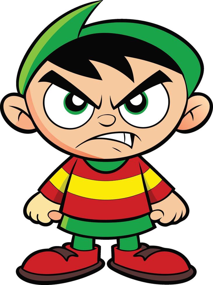 angry cartoon boy with green and red shirt vector