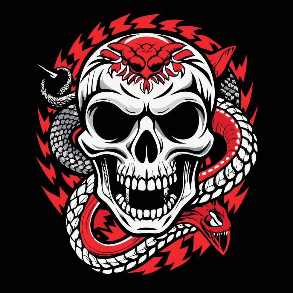 skull and snake tattoo design vector