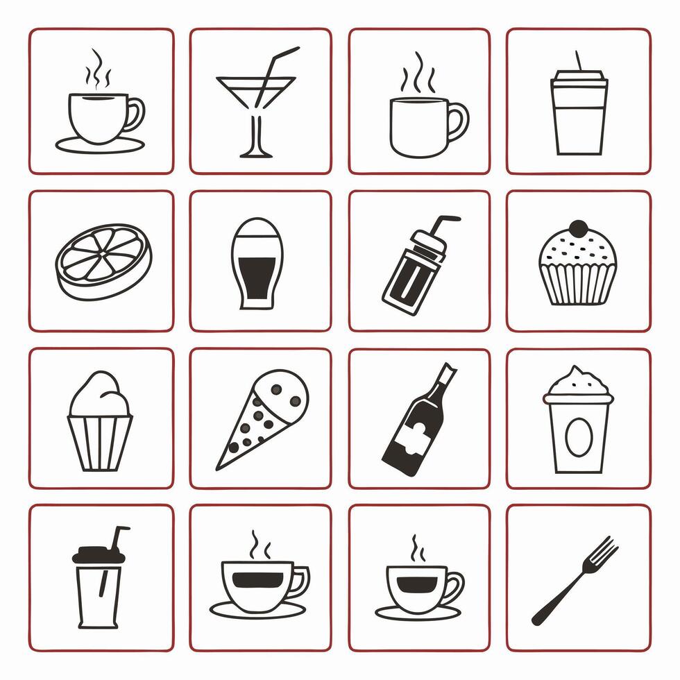 a set of icons depicting drinks and food vector