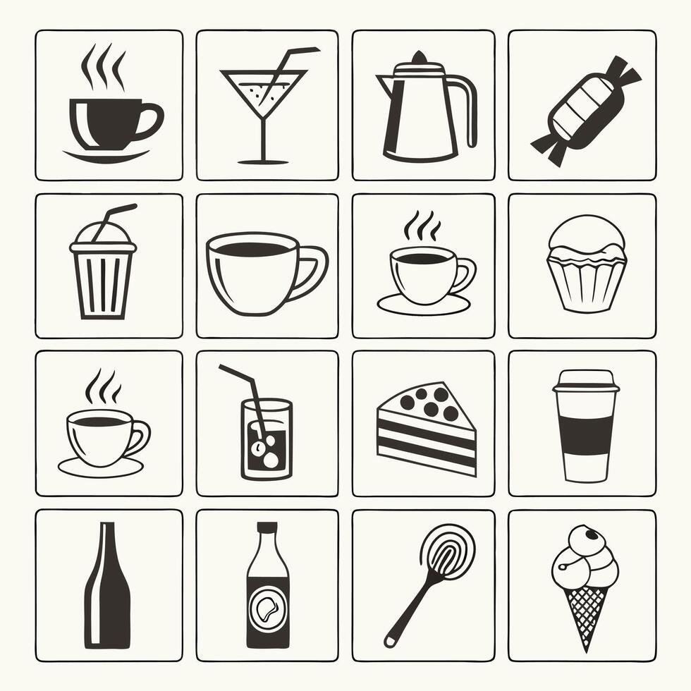 a set of black and white icons depicting various drinks and food vector