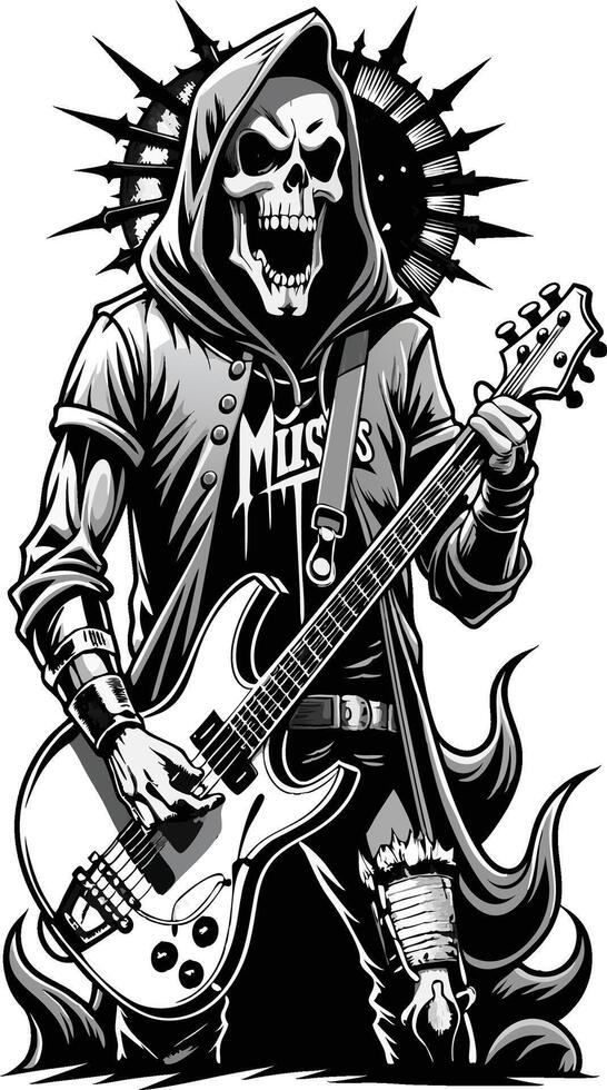 a black and white illustration of a skeleton with a guitar vector