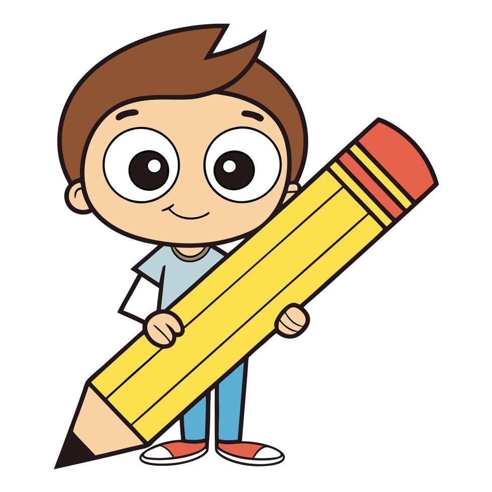 a cartoon boy holding a large pencil vector