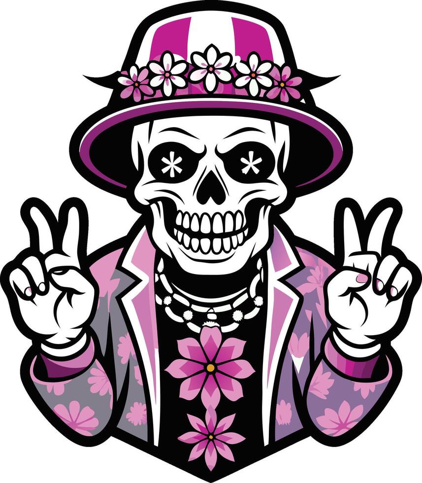 a skull wearing a hat and a flower in his hand vector