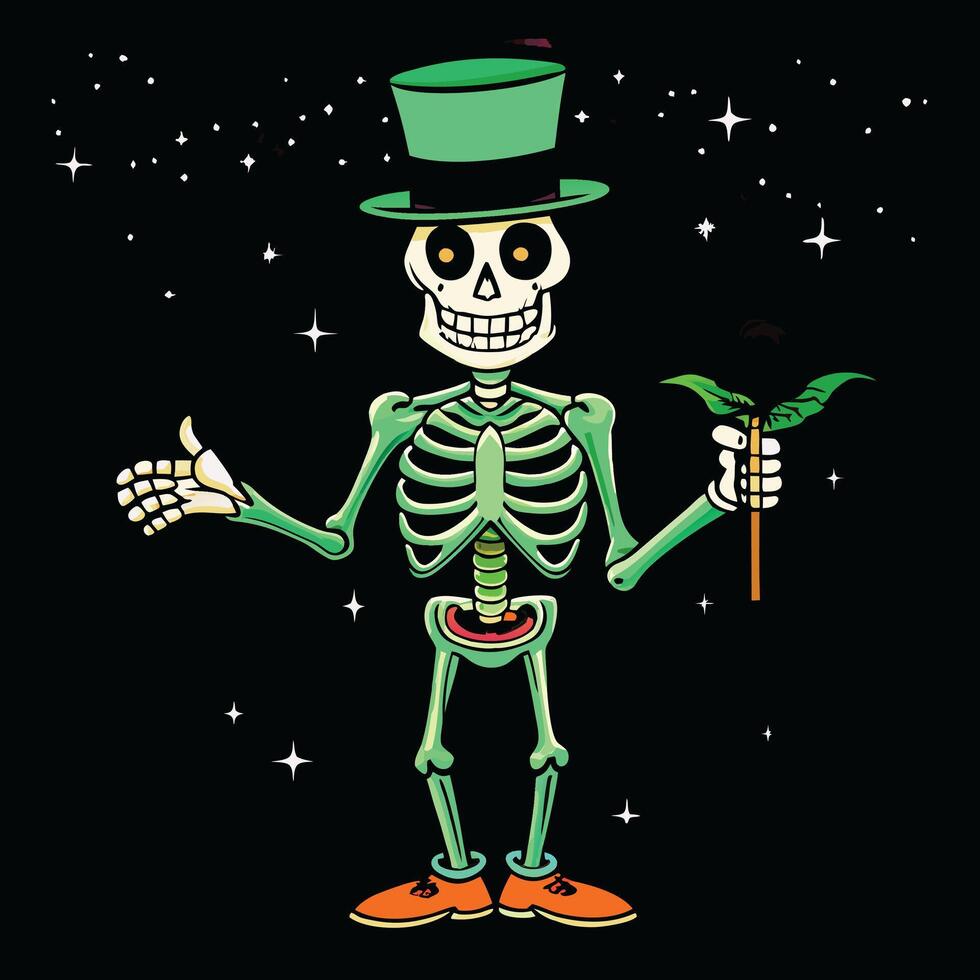 a skeleton in a top hat and green suit holding a plant vector