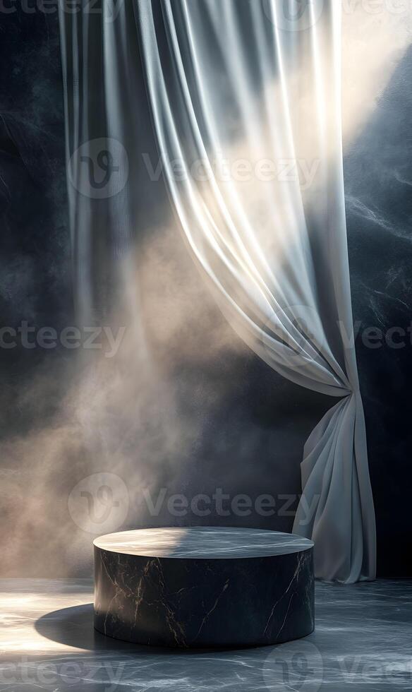 Elegant marble podium with draped fabric backdrop for product showcase or presentation photo