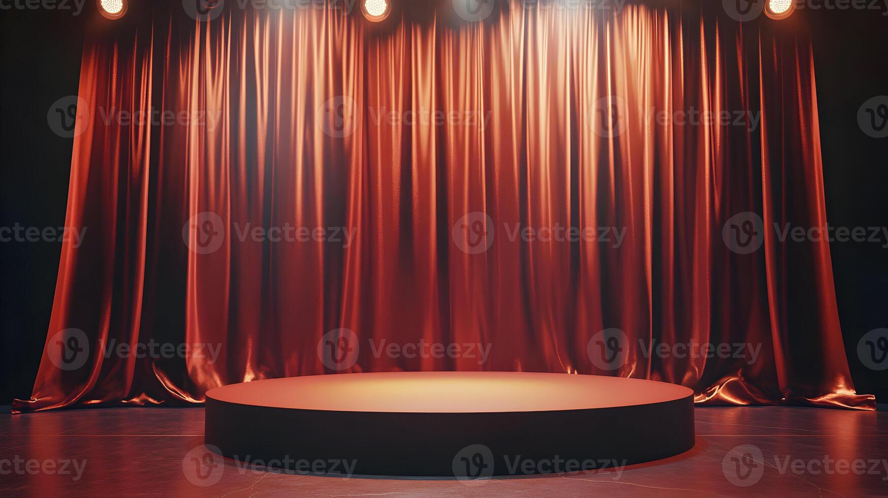 Elegant stage with red curtains and platform, illuminated by spotlights for presentations photo