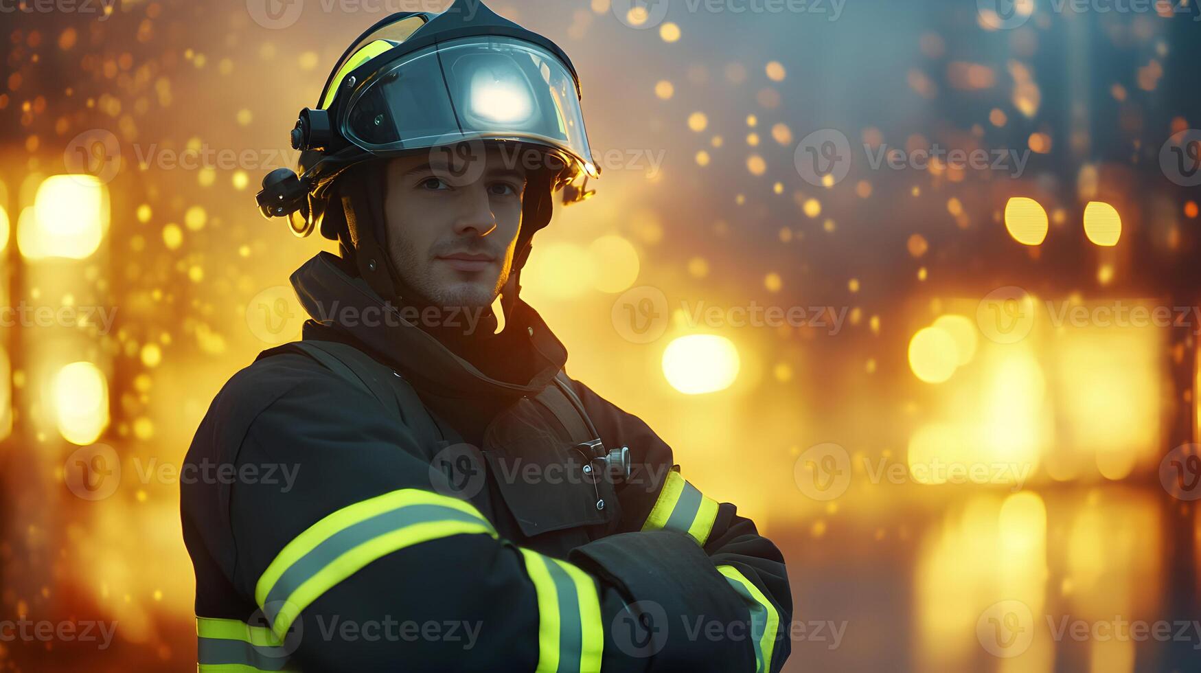 Brave firefighter standing against backdrop of blurred lights, exuding strength and calm photo