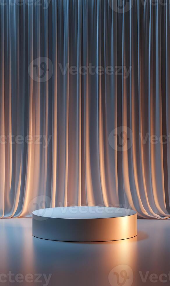 Elegant stage podium and drape backdrop with neutral tone for product presentation photo