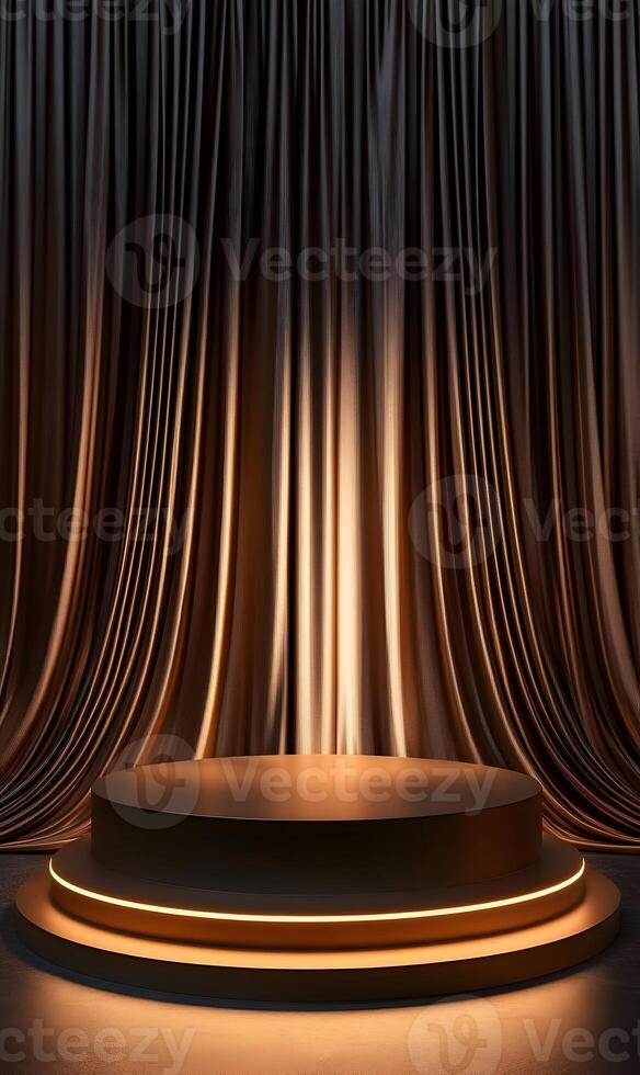 Elegant podium with golden details and luxurious curtain backdrop for product presentation photo