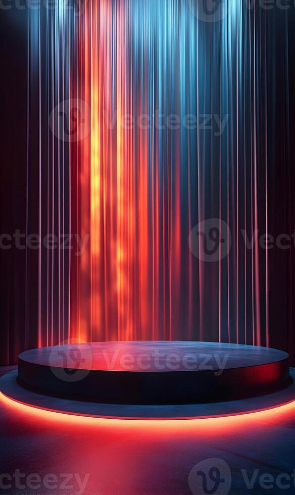 Elegant showcase podium with ethereal curtains in vibrant colors for digital projects photo