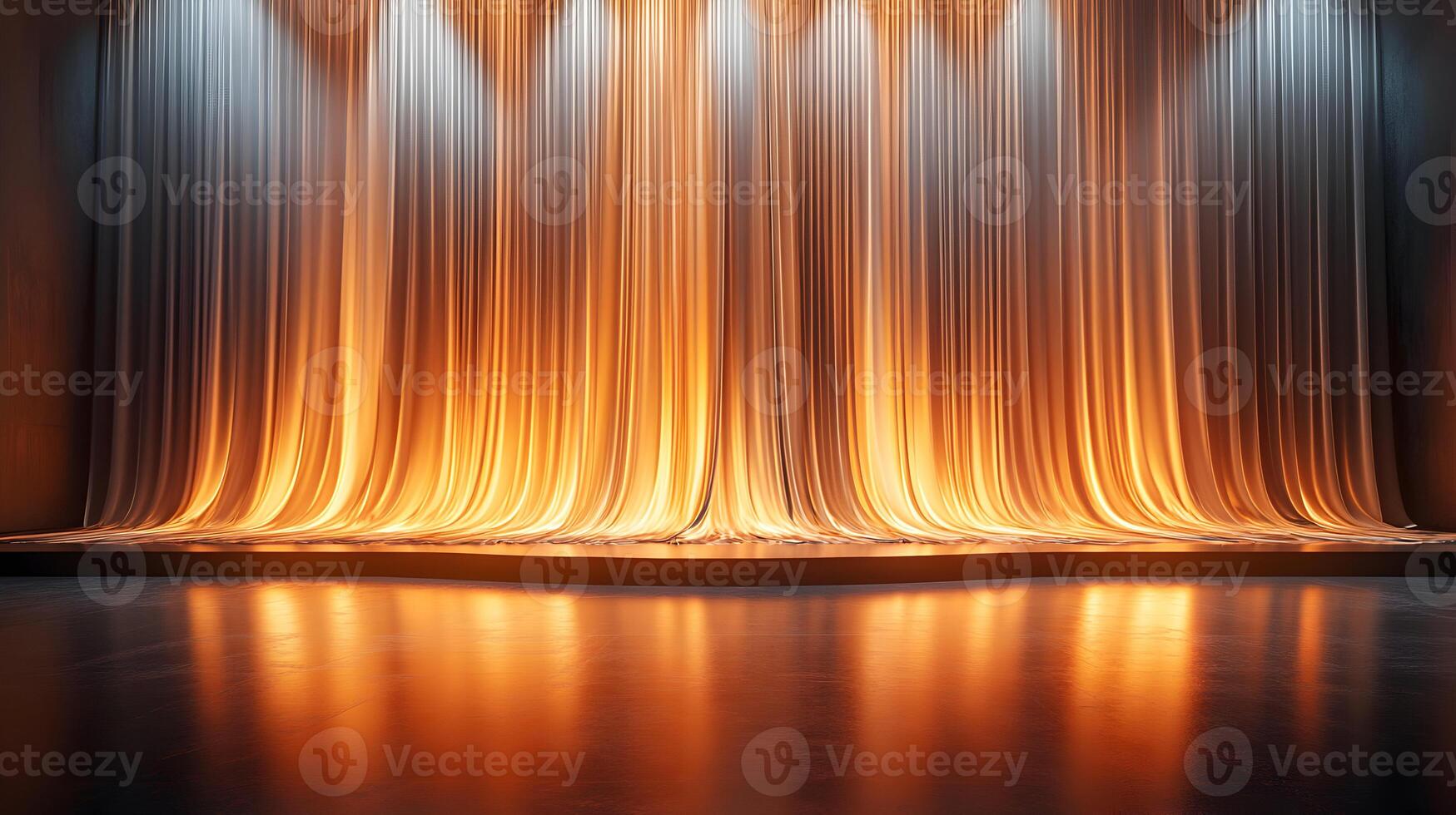 Elegant golden waterfall curtain under spotlights on reflective stage texture photo