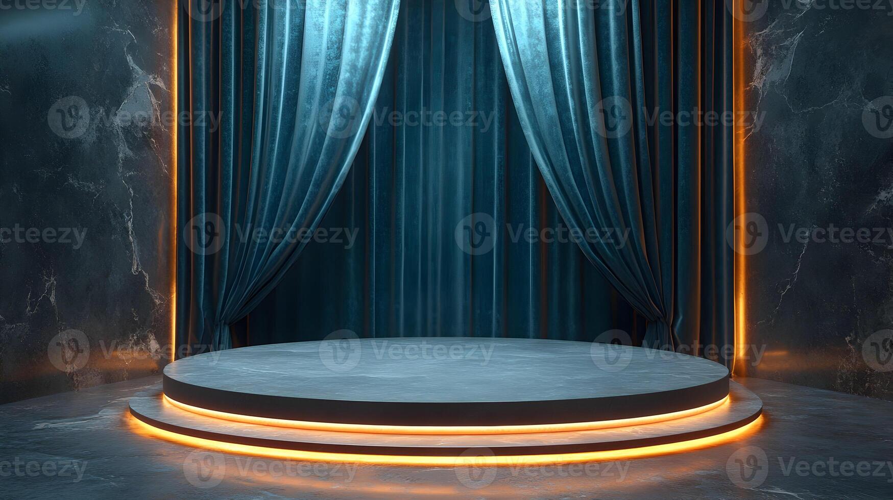 Elegant presentation stage with blue velvet curtains and marble textured walls showcase photo