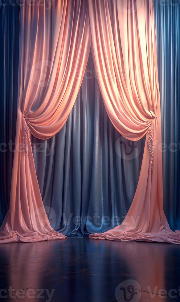 Elegant drapes in peach and blue, creating a luxurious and inviting presentation stage photo
