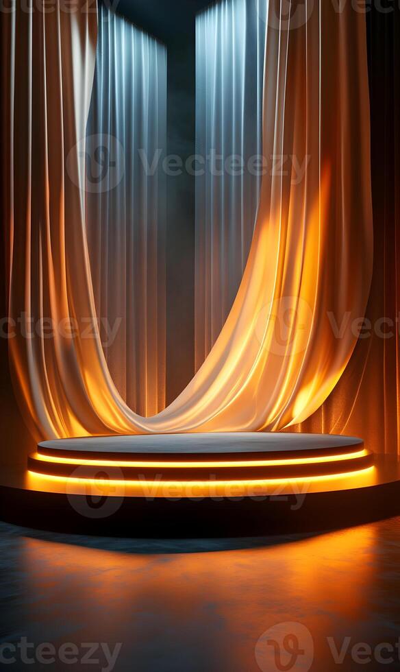 Elegant presentation stage with gold accents and flowing curtains for product reveals photo