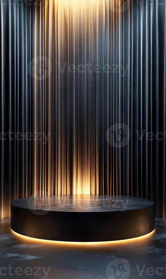 Striking presentation stage with elegant black and gold accents for product displays photo