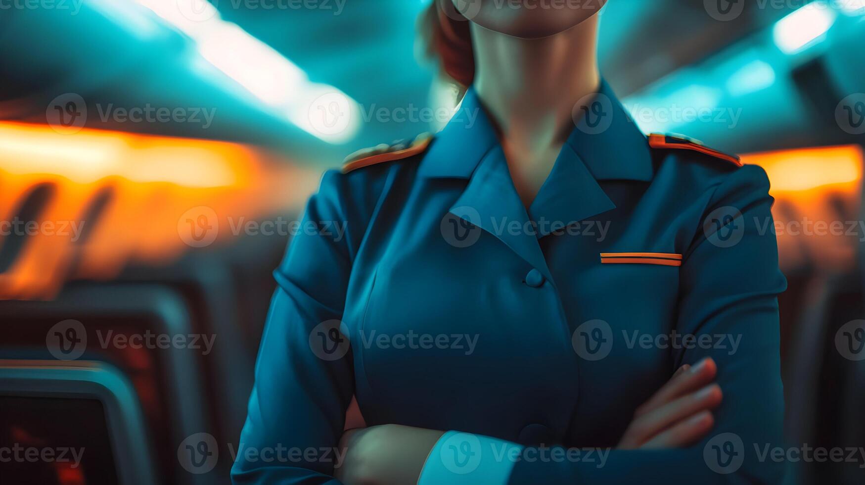 Professional flight attendant in uniform standing inside modern airplane interior photo