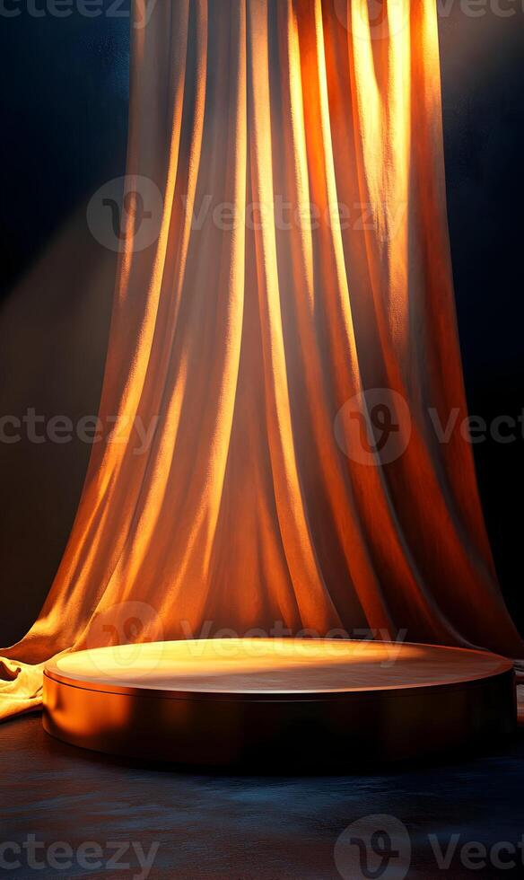Elegant golden stage with draping curtains creating a luxurious presentation backdrop photo
