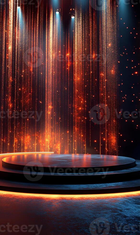 Elegant stage with spotlights and shimmering light curtain background illustration photo