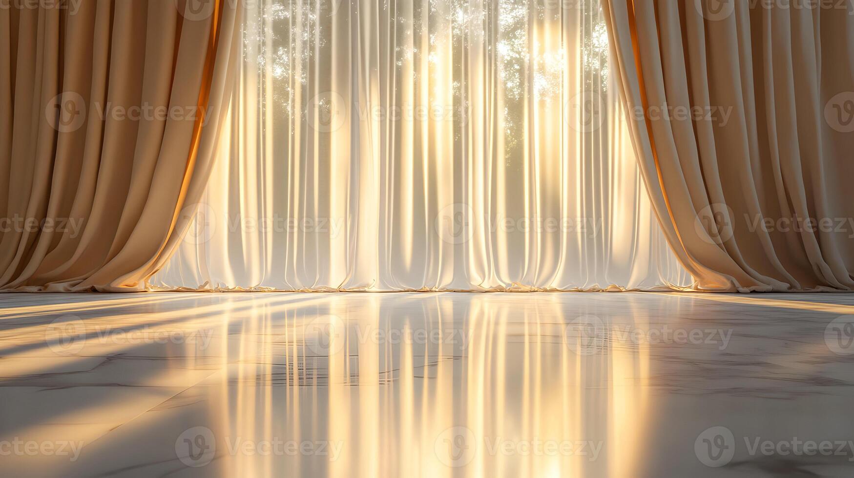Sunlit serenity, A window draped with elegant curtains casts golden light on marble floors photo