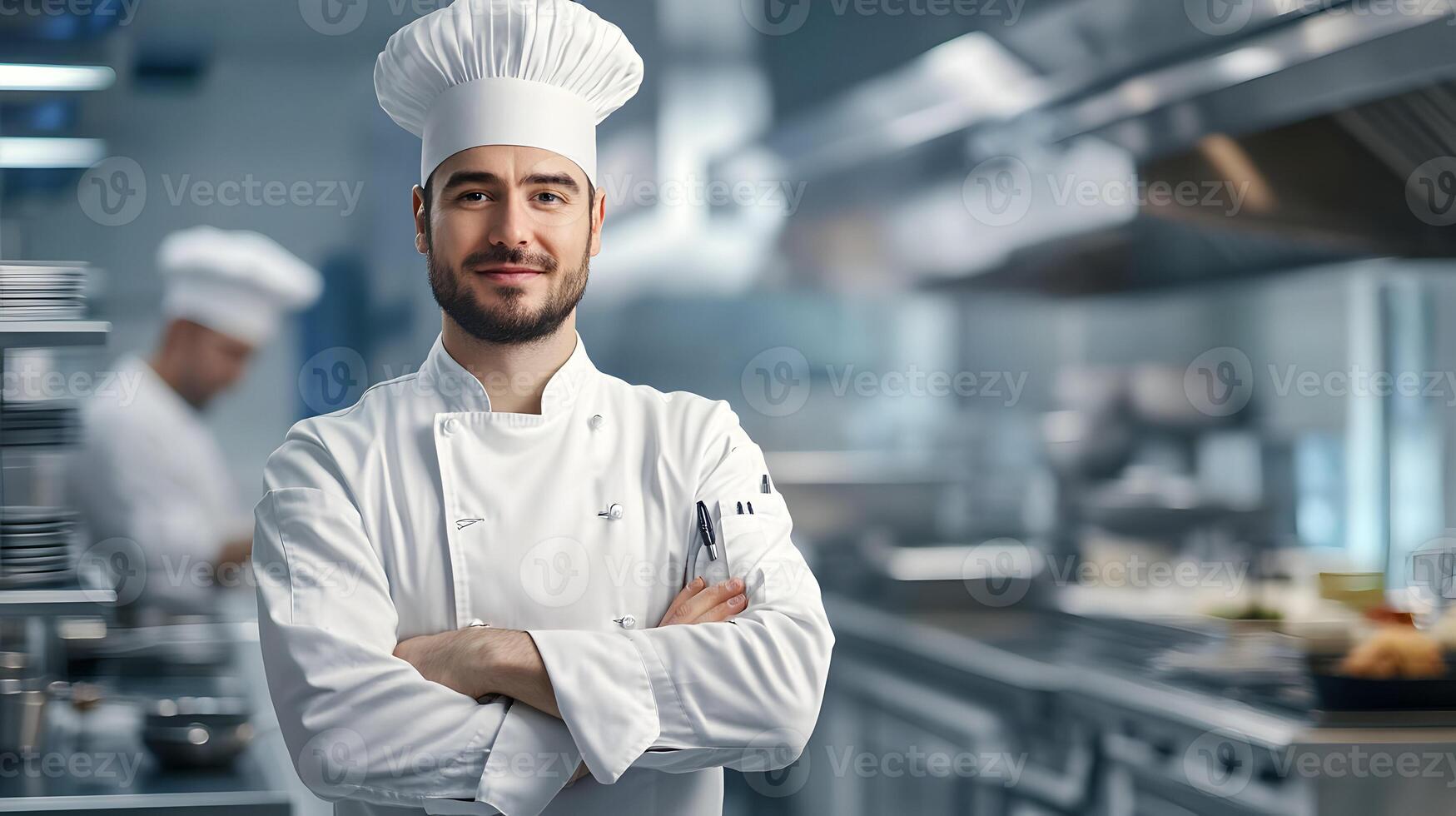 Portrait of confident chef with crossed arms in industrial kitchen wearing uniform photo