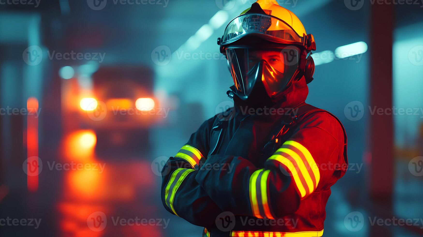 Portrait of a firefighter in full gear inside a fire station with a truck in background photo