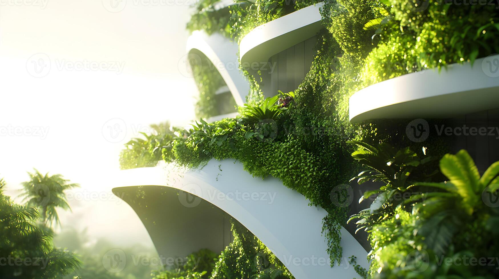 Futuristic green architecture blending nature with a modern sustainable building design photo